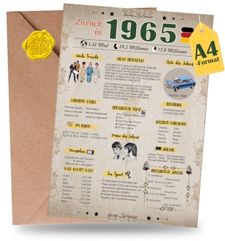 Sugeru Besondere Geburtstagskarte mit Umschlag | Jahrgang Geschenk | geburtstag frau mann | Geburtstagsdeko lustig,Tolle Geschenkidee,Chronik,Karte,Jubiläum- DIN A4 (1965)