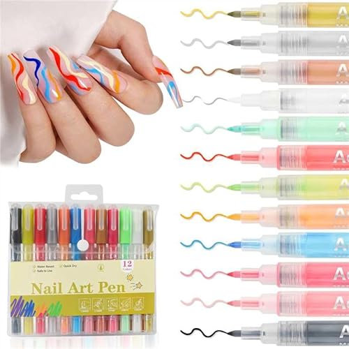 EBANKU 12 Farben Nailart-Stiftes Set Nagellack Stifte schnell trocknend 0.7MM 3D Acrylfarbe Stifte klarer Griff Punkt Liner Pen Zeichnung Malerei Werkzeug für Home DIY (Set B)