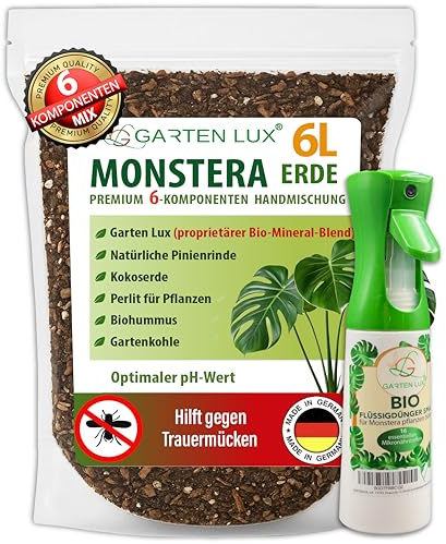Garten Lux Monstera Erde 6 L torffrei-6‑in‑1gegen Trauermücken | Aroid‑Substrat und Bio Vital Spray für Monstera Blätter 300ml-ein komplettes Set für Wachstum und Gesundheit Ihrer Monstera-Pflanzen