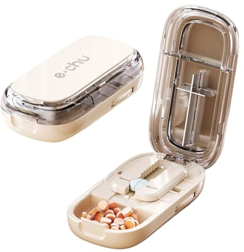 WAVATA Tablettenteiler, Tablettenschneider, Pillenteiler mit Aufbewahrungsfach, Tablettenteiler für Alle Tabletten Kostenlos, Pillenschneider Große und Kleine Tabletten für Reise, Haustier (Weiß)