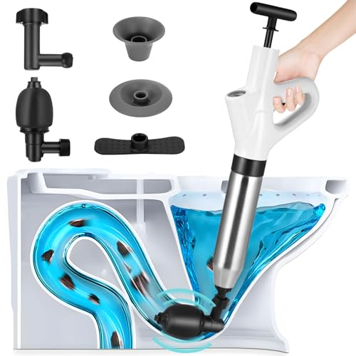 Desatascador de inodoro de aire comprimido, desatascador WC,4 en 1 Desatascador de bomba Alta,Kit de desatascado de alta presión con 4 cabezales reemplazables, para desatascar la cocina, el cuarto de