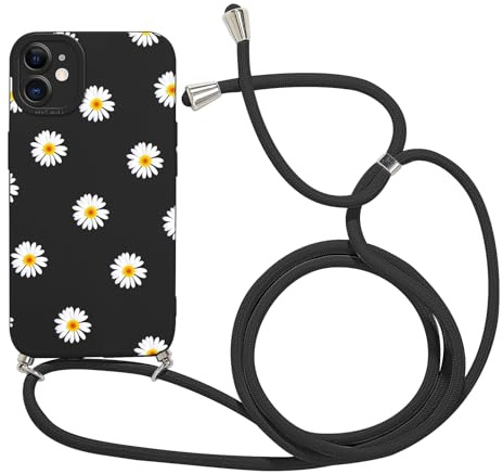 Kueqeay Coque avec Cordon pour iPhone 11 6,1 avec Motif Marguerite Noir Case, Aesthetic Silicone étui avec Collier Réglable Corde Souple TPU Antichoc Housse de Protection pour Femmes, 05