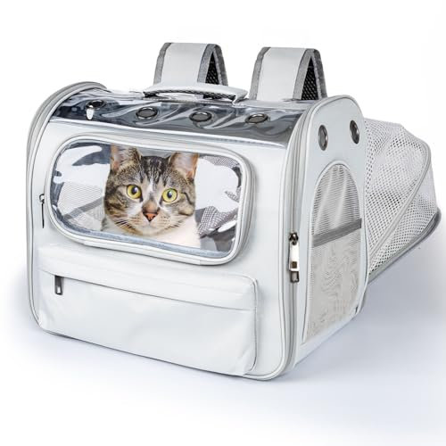 Onebarleycorn Erweiterbar Katzenrucksack für Katzen und Kleine Hunde, Katzen Rucksack Transportrucksack Katze Rucksack Transport Cat Backpack bis 2-8kg mit Fenster, Atmungsaktive, Faltbare, Grau