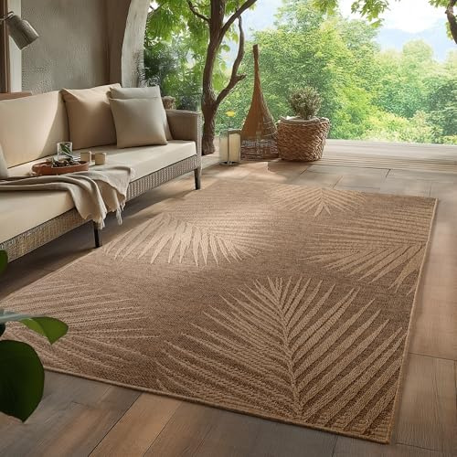 HomebyHome Outdoor Teppich 160x230 cm Wetterfest Pflegeleicht Jute Natur Optik Palmen Design für Wohnzimmer Esszimmer Schlafzimmer Terrasse Balkon Garten