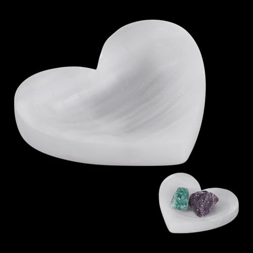 FINGERINSPIRE Cuenco decorativo de cristal de selenita natural con forma de corazón, 77 x 92 mm, color blanco humo, para guardar joyas para pulseras, pendientes y amantes de la cristaloterapia