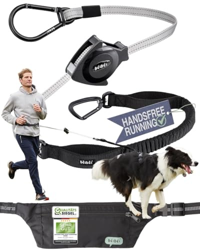 Handsfree Hundeleine mit Bauchtasche & Hüftgurt – Nie Wieder Leine in der Hand | Stoßdämpfer, Einziehmechanismus, 2 Sicherheitsgriffe & Reflektor | Jogging & Canicross 5–40 kg (Größe L)