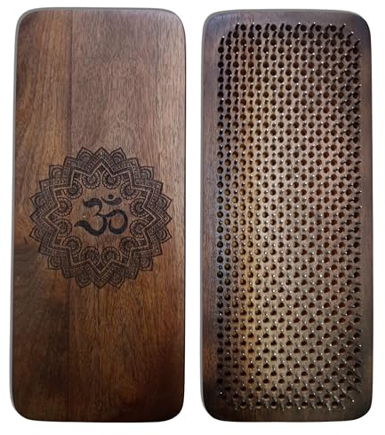 SattesGrün® Sadhu Board aus dunklem Mangoholz mit OM-Motiv – Handgefertigtes Nagelbrett, 4 Nagelabstände (8mm, 10mm, 12mm, 15mm), Yoga- & Meditationshilfe für Achtsamkeit & Balance (Om dunkel, 8mm)