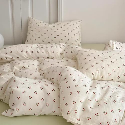 AShanlan Biancheria da letto per bambini 135x200 in mussola di cotone, biancheria da letto per bambini ragazze 135 x 200 cm + federa 40x80 cm, motivo ciliegie rosse, certificato Oeko-TEX, copripiumino