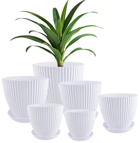 MYKAGS 6 Pack Indoor Plant Pots with Drainage Holes and Trays Plastic Indoor White Pots for Gardening (White, 6 Pack)