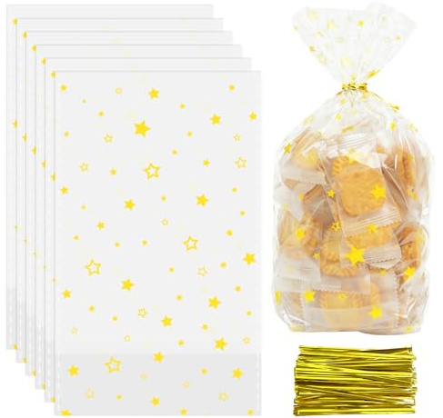 100 Stück Cellophantüten Weihnachten, 18x30cm Bodenbeutel Goldene Sterne, Groß Kekstüten Plätzchentüten Gebäcktüten Weihnachten Transparente, Zellophantüten mit Boden für Süßigkeiten Geschenk