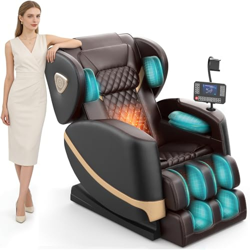 FURNIMAT Massagesessel Ganzkörper, mit 10 Massagerollen, Taillen- und Beinheizung, Fußmassage, Bluetooth-Lautsprecher, Touchscreen-Controller, Schwerelosigkeitsmodus. (Braun + Schwarz)
