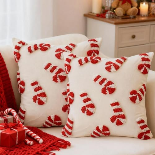 Kissenbezug Weihnachten Krücke 45x45, 2er Set Weihnachtsdeko Kissenbezüge Zuckerstangen, Kissenhülle Weihnachtsbaum Schleife Kranz, Weiß Weihnachtskissen für Auto Sofa Schlafzimmer Wohnzimmerf (A)
