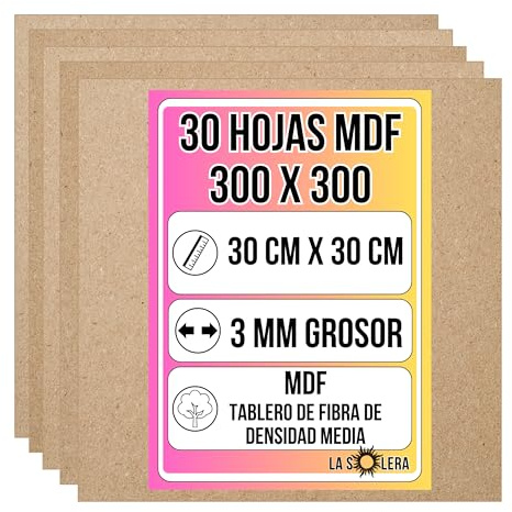 LA SOLERA Pack 30 Hojas Tablero MDF 3 mm de grosor | 300 x 300 mm | Láminas para corte láser y pirograbado | Hojas resistentes para manualidades y modelado | Fibra de densidad media | Corte limpio