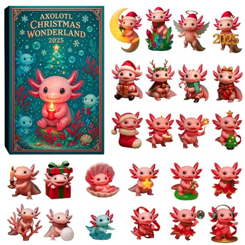 Axolotl Wonderland Adventskalender 2025, 24 Tage Weihnachts-Countdown-Kalender mit 2D-Mini-Axolotl-Figuren, Weihnachtsbaumschmuck, Geschenk für Kinder und Erwachsene