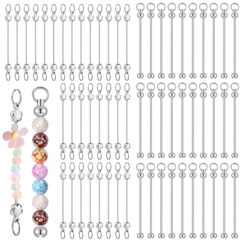 60 Stück Perlen Schlüsselanhänger Selber Machen, Rohling Keychain Diy Silber Anhänger Basteln für Schmuckherstellung Frauen Männer DIY-Bastelarbeiten (Rund und Blumenförmig)