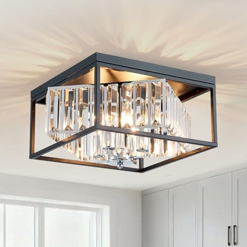 Majhoiw 32cm Quadratischer 4-Flammiger Kristall-Kronleuchter Schwarz-Chrom | Verstellbarer Schirm, Aufbauleuchte, Für Küche/Flur/Wohnzimmer/Schlafzimmer/Diele