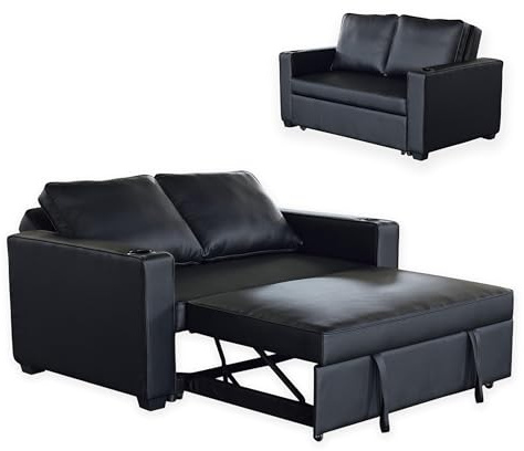 Hoclauho 2-Sitzer Schlafsofa mit Ausziehfunktion – Multifunktionales Sofabett mit Getränkehaltern & Kissen, PU-Leder Couch für Wohnzimmer, Gästezimmer oder Home-Office (Schwarz)