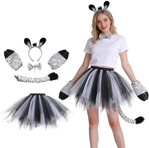 Tierkostüme für Erwachsene, Zebra Kostüm Damen, 5 Stück Karnevalkostüm Set, Handschuhe, Socken, Rock, Stirnband, Schwanz, für Tierkostüm Cosplay, Karnevalsparty Kostümzubehör