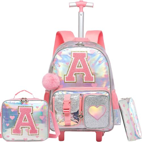 HTgroce Cartable Fille Primaire roulettes, 3 en 1 Cartable Fille Sac à Dos Combinaison Comprend Un Sac à Lunch et Un étui à Crayons