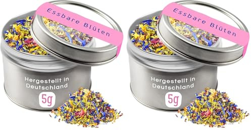 Essbare Blüten, 5g Bunter Blütenmix in der Dose zum Dekorieren und Verfeinern. Mit Rosenblüten, Ringelblumenblüten, Lavendelblüten und Kornblumenblüten. (Packung mit 2)