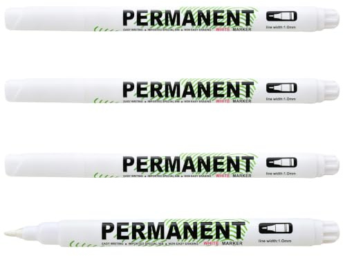 Briking Lot de 4 stylos acryliques blancs - Pointe fine de 1 mm - Imperméable et à séchage rapide - Marqueur permanent pour pierres, pneus, céramique, verre, bois, tissu, métal, toile