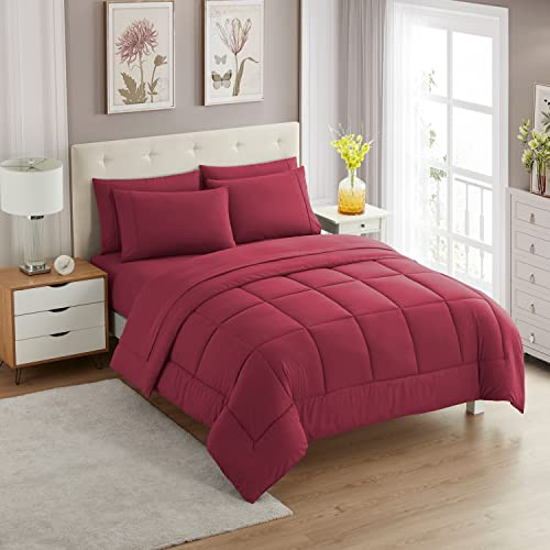 Sweet Home Collection Ultra Soft Down Alternative Set & Luxurious Bed Sheets, Microfiber, Burgundy, Twin
