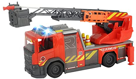 Dickie Toys Scania Rosenbauer - Escalera rotativa para Bomberos, función de pulverización de Agua, luz y Sonido, Incluye baterías, con Escalera giratoria Extensible y Patas, 25 cm, Color Rojo