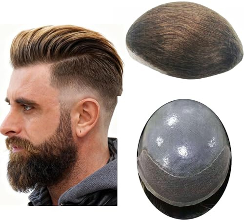 NLW Echthaar Toupet für Männer Vorderseite aus Spitze, Rückseite aus PU haarsystem mann Europäisches haarteil für männer natürliche Haarlinie herren toupet Basis10x8 (#4 Medium Brown)