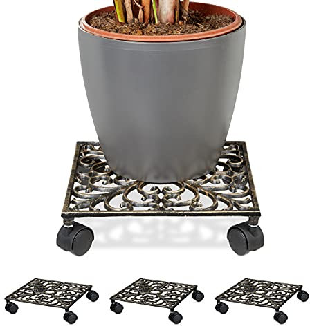 Relaxdays Pflanzenroller Gusseisen, Blumentopfuntersetzer aus Metall, Blumenroller im antiken Design, wetterfest, Bronze