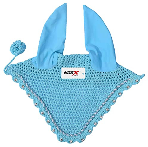 Diamante Crystal Horse Fly Hood Veil Ear Bonnet Flyveil Cotton Crochet Handmade Glitter (FULL, Sky Blue)