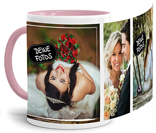 Foto-Tasse zum selbst gestalten mit Foto-Collage für 3 Wunschfotos - Geschenk für Familie, Freunde, Geburtstag, Weihnachten - Keramik Innen & Henkel Rosa, 300 ml I Personalisiert
