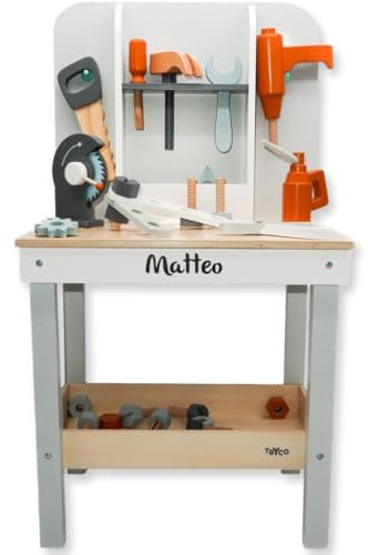 Werkbank mit Werkzeug aus Holz - personalisierbar I Handmade Holzspielzeug ab 3 Jahren I Tryco Kinder Werkzeugbank I Geschenk für Weihnachten & Geburtstag I Spielwerkbank mit Name