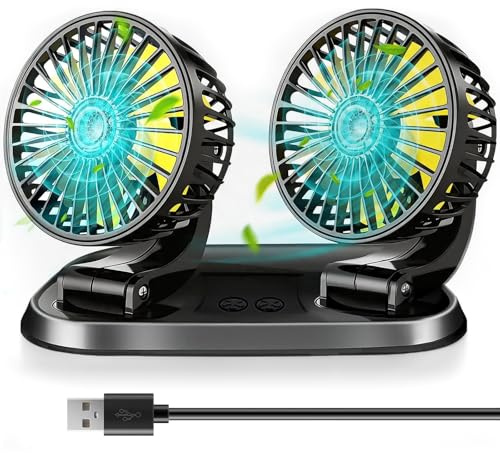 USMEI Auto-Ventilator mit Doppelkopf, 12/24 V, tragbar, USB, Mini-Kühlventilator, um 360 ° drehbar, verstellbarer Saugnapf und Halterung für Rücksitz, 3 Geschwindigkeitsstufen (Gelb)