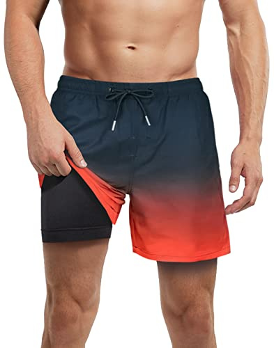 LUCOWEE Badbyxor för män med kompressionsfoder, anti-skav, snabbtorkande, UPF 50+ badshorts 12,7 cm 17,8 cm innersöm baddräkt, Svart, rött, M