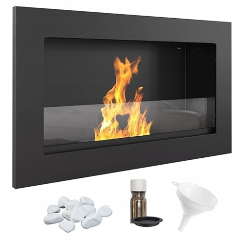 KRATKI Golf Indoor Bioethanol-Wandkamin 0,2 l TÜV-geprüft schwarz pulverbeschichteter Stahl mit Glas 37 x 64 cm mit Aromatherapie-Set und Aromaöl-Romantikspaziergang