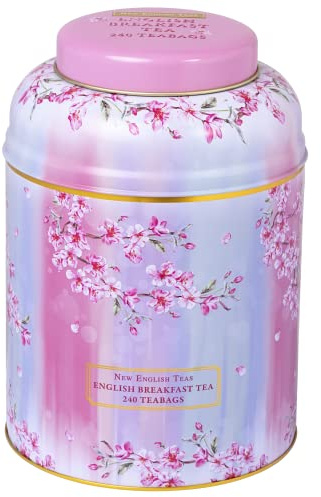 New English Teas Aquarell-Teedose mit Kirschblüten-Motiv, mit 240 englischen Frühstücksteebeuteln | Englischer Frühstückstee