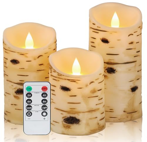 Comenzar Flameless Candles Birch Bark Texture, Flickering Flame Battery Operated LED Candles, Electric Plastic Candles with Remote Timer for Home Decor, Rustic Wedding Centerpiece, Gift Set of 3