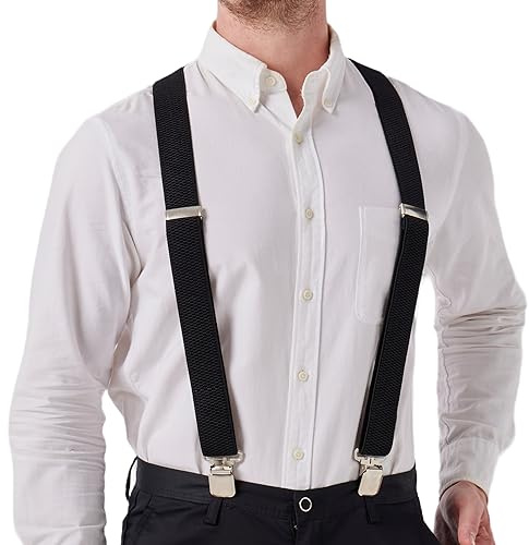 LazarsSpace Heavy Duty Suspenders for Men X Type 4 Clips 1 1/2 Wide Straps Black