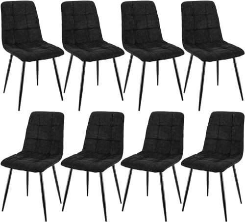 JIJIAN Set 8 Sedie da Pranzo, Sedie da Cucina in Lino, Nero | Gambe in Metallo, Stile Moderno, Portata Fino a 120 kg, Sedie Imbottite per Sala da Pranzo, Soggiorno e Cucina