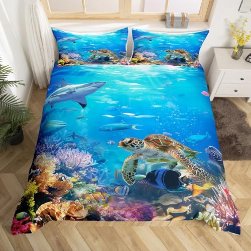 Homewish Housse de Couette Tortue Mer Taille 200x200 Ensemble de Literie Requin,Parure De Lit Poissons Animaux l'océan,Tortue et Couleur Imprimé Textiles Maison pour Garçons Filles,2 Taies d'oreiller
