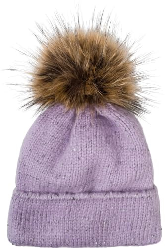 styleBREAKER Cappello a Pompon da Donna Monocolore con Paillettes e Fodera in Pile, Cappello a Pompon Invernale in Pelliccia, Cappello a Maglia 04024210, Colore:Lillà