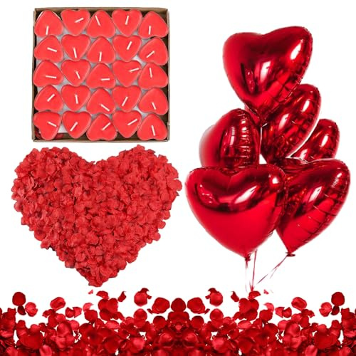 Romantische Kerzen, Hochzeit Dekoration Set, Rote Teelichter und Rosenblätter, 50 Teelichter Herzform, 1000 Rote Rosenblüten, 6 Rote Herzförmige Folienballons, Romantisch Deko Set für Valentinstag