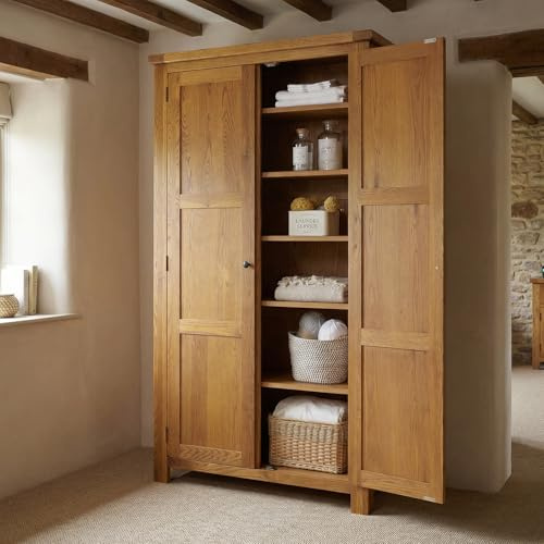 The Furniture Market Rustic Oak Two Door Shaker Linen Cupboard – Tall Wooden Storage Cabinet with Adjustable Shelves – Solid Oak Frame with Traditional Country Design - H 1800 x W 1020 x D 410mm
