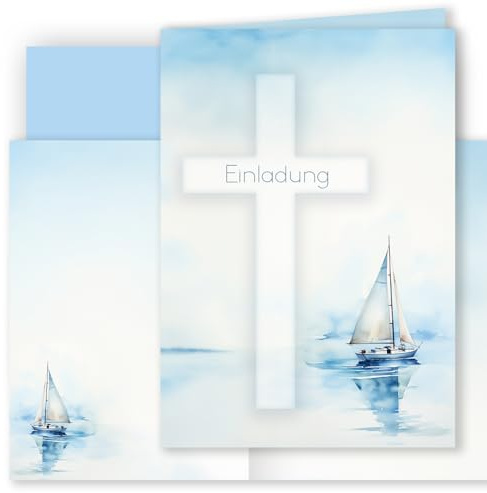 10 Einladungskarten mit Umschlag Einladung Klappkarten Karten stilvoll kreuz und Segelboot Aquarell zart zur Taufe Kommunion Konfirmation Firmung blau Mädchen und Jungen