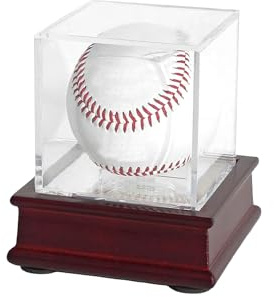 Baseball Vitrine mit Holzständer Baseball Halterung 8x8x8 cm | Transparente Ball Display Box Baseball Aufbewahrungsbox für Einzelball Baseball Ständer