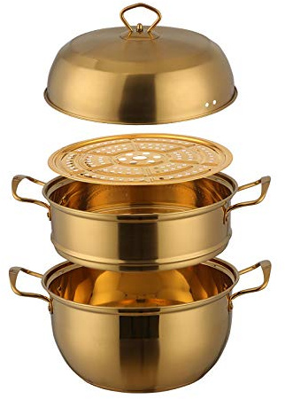 ANSNOW 3 Tier Premium Heavy Duty Stainless Steel Steamer Pot Set Includes 2 Tier Cooking Pot, 1 Steaming Septa and Pot Lid | Stack, Steam Pot Set for All Cooking Surfaces/Gold