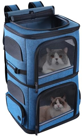 Doppel-Katzentragetasche für 2 Katzen, Hunderucksack für mittelgroße Hunde, Doppelfach, Haustier-Tragetasche für zwei Haustiere, für Outdoor-Reisen/Spaziergang und Picknick (blau)