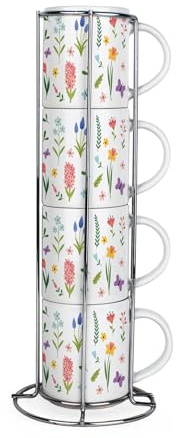 Purely Home Spring Flowers Stacking Mugs Set - Bright Wildflower Meadow Small Ceramic Tea/Coffee Cups - Drinkware Mug Gift Set with Metal Stand/Holder Set of 4