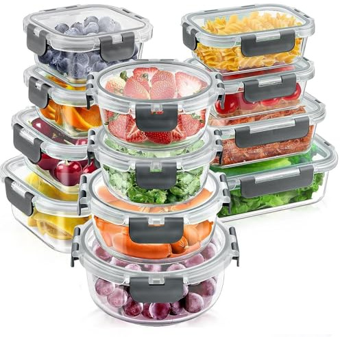 LEOM Glass Food Storage Containers with Snap Lock Lids - Airtight Glass Meal Prep Containers, BPA-Free Tubs, Leak-Proof - Microwave, Oven, Freezer, and Dishwasher Safe - Assorted Sizes & Shapes 24Pc