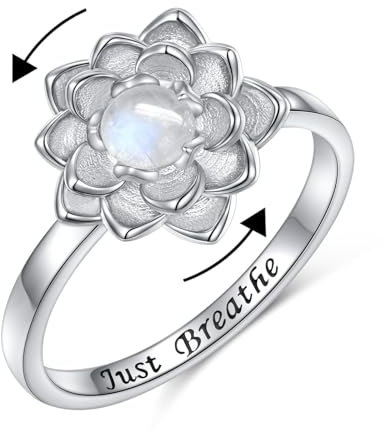 Flyow Just Breathe Spinner Ringe für Angst 925 Sterling Silber Mondstein Lotus Fidget Ringe für Angst Anti Stress Anxiety Inspirational Ring Lotusblume Yoga Schmuck Geschenke für Damen (52 (16.5))